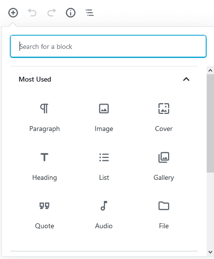 WordPress list of block for making pages