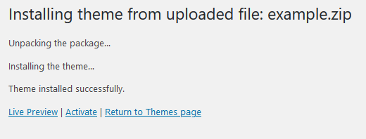 WordPress webiste template installed screen